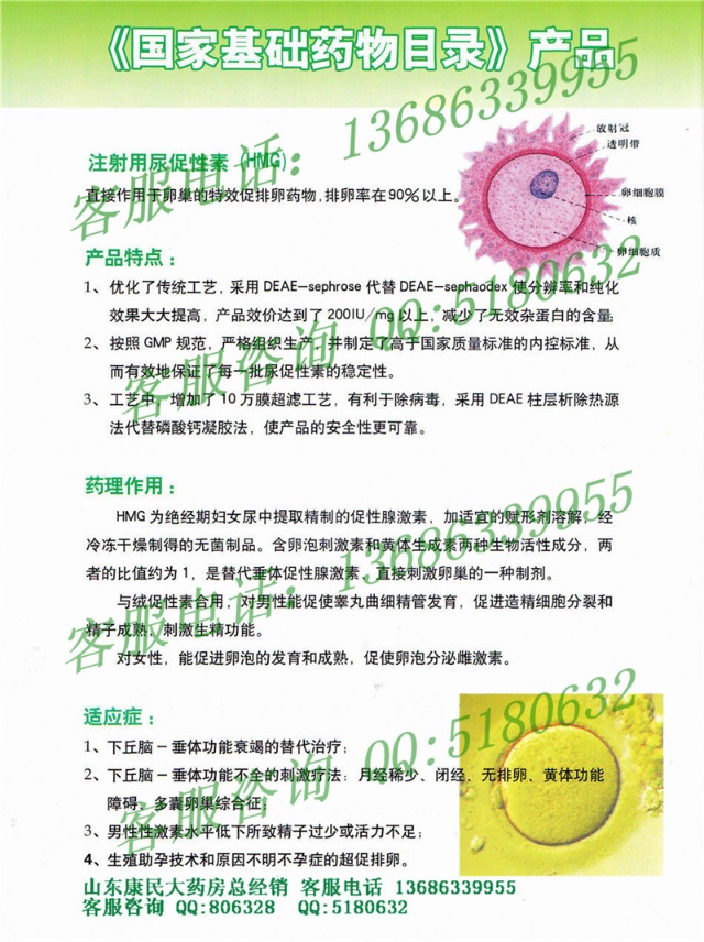 注射用绒促性素 尿促性素作用 副作用 药理 说明书 价格 哪里有卖